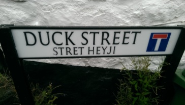 Bilingual English/Cornish street sign, Mousehole, UK, July 2016